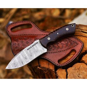 Fixed Blade Damascus Steel Hunting Knife with Leather Sheath, 9'' Full Tang Hunting Skinning,Non-Slip Wooden Handle,Camping Knife (VENGI)