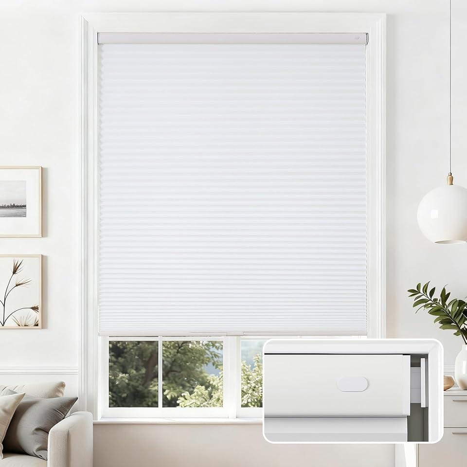 Joydeco No Drill Light Filtering Cellular Shades, 36" W x 64" H, White | Cordless Honeycomb Blinds for Windows, No Drill Blinds for Windows, Thermal Insulated and UV Protection for Home & Office