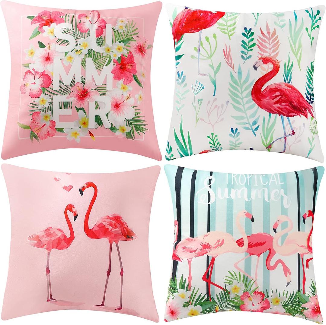 4 Pcs Flamingo Throw Pillow Covers Decorative Pink Bird Pillowcases Tropical Leaves Cushion Covers for Sofa Couch Summer Holiday Home Decor (Flamingo, 20" x 20" Pack of 4)