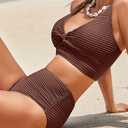 Herseas Women's Textured Bikini Sets Twist Front Top Swimsuits High Waisted Bathing Suits (Brown, XL)