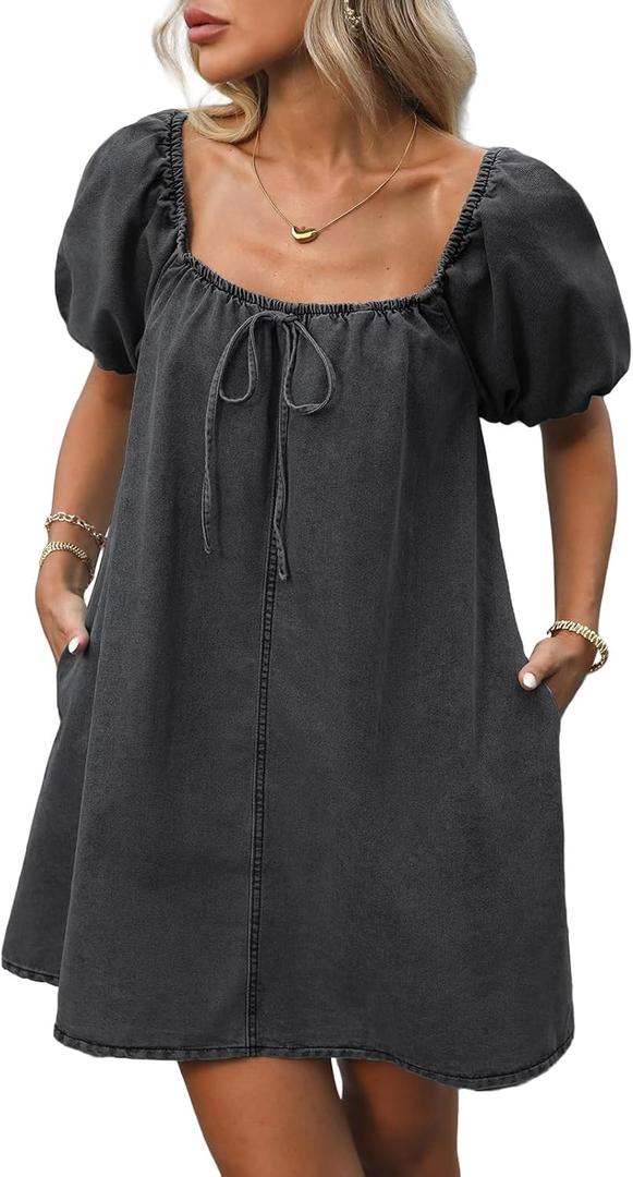 Women's Summer Denim Dress Puff Short Sleeve Square Neck Loose Jean Mini Dresses with Pockets (Black Grey, Small)