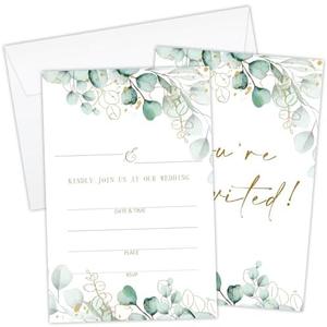 HUQIL Rustic Greenery Wedding Invitations Cards for Mr & Mrs Ideal for Weddings Bridal Shower Watercolor Invites Party Favor & Supplies Double-Sided Fill In Style 25 Pcs with Envelopes - FS627, Set of 3
