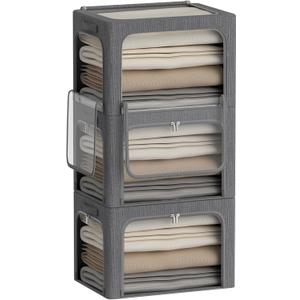 3Pack Stackable Foldable Storage Bin - Metal Frame Storage Box Clothing Storage Organizer with Clear Window, Carry Handles (66L-19.7x15.7x13in, Dark Grey)