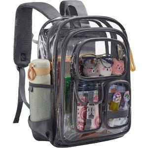 Grey Clear Backpack Heavy Duty, Large Clear Bookbag for Boys Girls Adult, See Through Book Bag Transparent Backpacks with Multiple Pockets for School College Work Casual