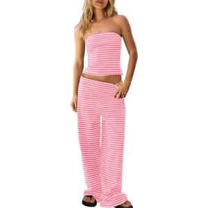 Panadila Womens Striped Two Piece Sets Summer Lounge Outfits Sailor Tube Top and Pants Matching Set Beach Vacation Travel Y2k, Medium