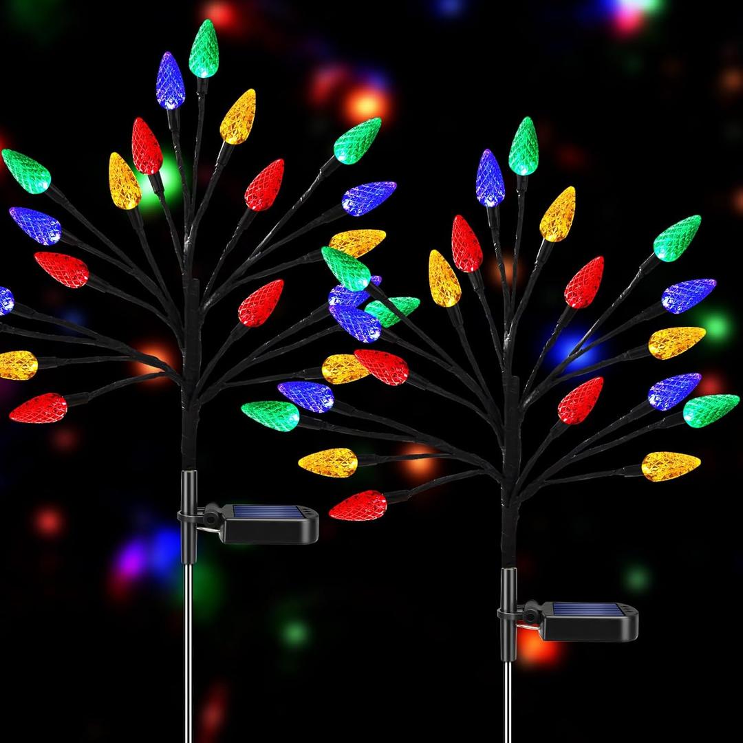 Solar Christmas Lights Outdoor Waterproof, Solar Powered Xmas Stake Lights Decorations with 20 Colored Strawberries and 2 Modes for Outside, Pathway, Yard, Walkway, Lawn, Grave, Holiday Decor(2 Pack)