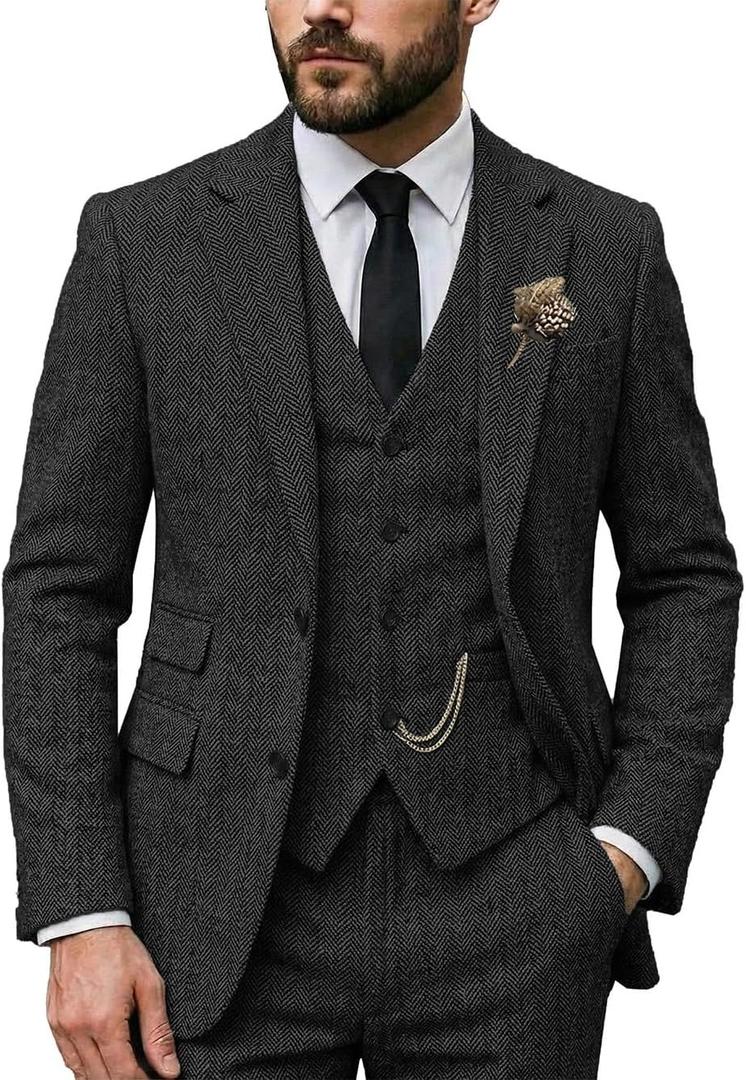 Men Suit Classic Regular Fit 3 Piece Tweed Herringbone Wool Jacket Tuxedos Wedding Grooms Blazer+Vest+Pants (Small, Black)