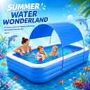 Inflatable Pool with Canopy, 118" x 67" x 20" Large Blow Up Pool with Air Pump, Rectangular Family Swimming Pool with Sun Shade for Backyard, Garden and Outdoor Use, Blue White