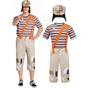 Mexican TV Cosplay Costume for Adult Men, Patchwork Overalls Suit Set with Striped T-shirt Hat for Halloween Party Outfit