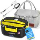 FORABEST Heated Lunch Box, 80W Electric Lunch Box for Adults, Portable Food Warmer with 1.5L Stainless Steel Container, Utensils & Carry Bag, On/Off Switch, 12V/24V Car/Truck & 110/120V Home/Office (Black Yellow)