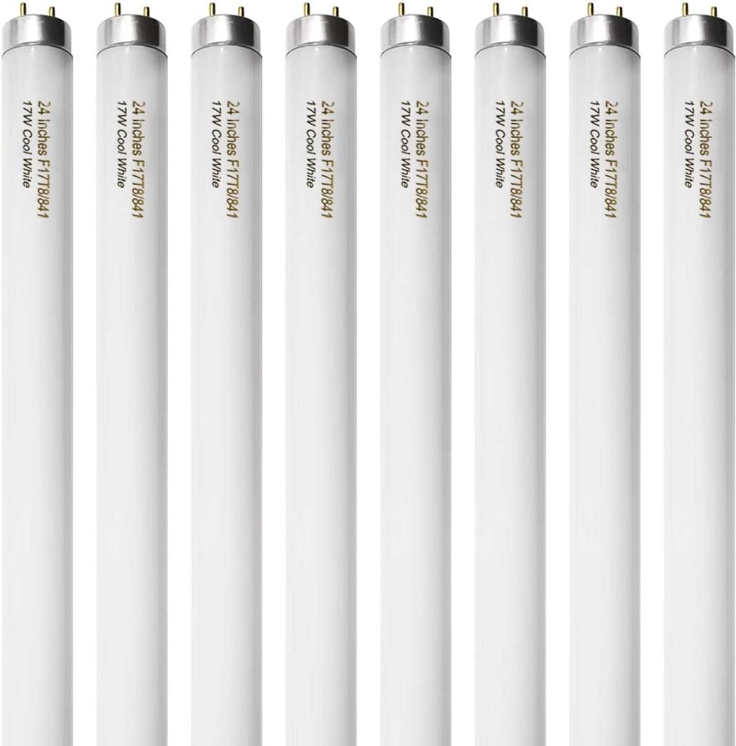 8 Pack 24 inch F17T8 17 Watts Light Bulb 2 Foot Straight Fluorescent Tube T8 Tube Light Cool White 1400 Lumen G13 Medium Bi-Pin Cap 8 Count (8 Pcs-Cool White)