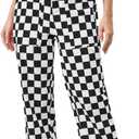 Womens Checkered Pants Zip Off Plaid Gingham Pants Casual Elastic High Waist Straight Leg Jeans with Pockets (Large, Black White)