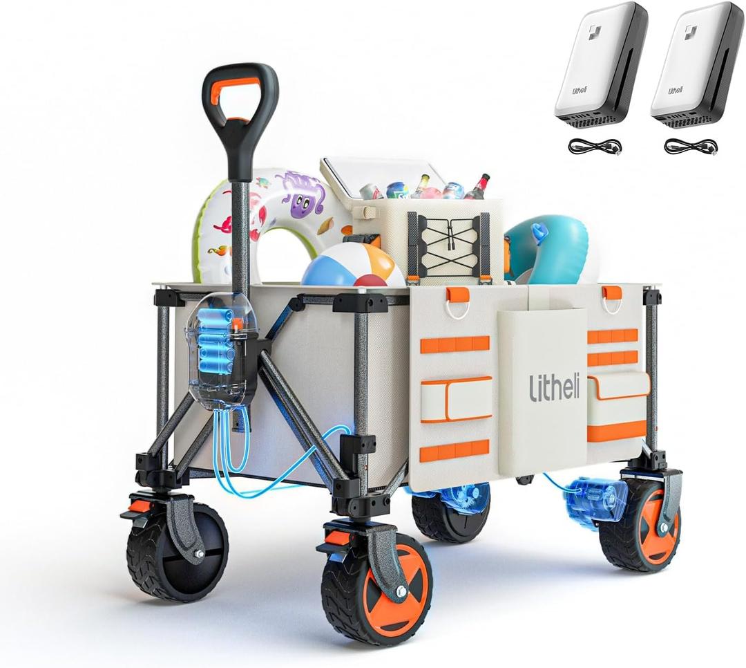Litheli Electric Utility Wagon Cart, 150L Capacity, 450 lbs Load, Foldable Heavy-Duty Design with All-Terrain Wheels, Variable Speed Drive & Battery Power for Camping, Beach, Garden & Shopping