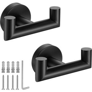 Towel Hooks for Bathrooms, Matte Black Towel Hook for Kitchen Bathroom,SUS304 Stainless Steel Coat Hook, Heavy Duty Double Towels Holder Hooks for Hanging Towels, Coats, sponges, Clothes, Wall Mount,2 Pack