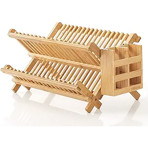HBlife Dish Rack, Bamboo Folding 2Tier Collapsible Drainer Dish Drying Rack with Utensils Flatware Holder Set (Dish Rack with Utensil Holder)