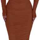 PRETTYGARDEN Women's Fall Off The Shoulder Maxi Dress Spring Long Sleeve Ruched Fitted Bodycon Club Dresses with Slit (Caramel, S)