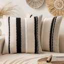 ANRODUO Pack of 2 Boho Decorative Throw Pillow Covers 20x20 Farmhouse Cushion Case Striped Chenille Pillow Cases Square Pillow Covers Accent Neutral Pillowcase for Sofa Couch Bed, Black-White Stripe 2