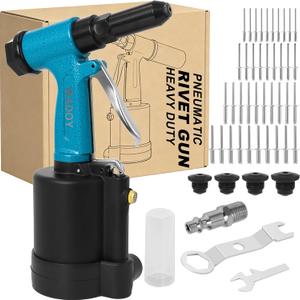 Wadoy Air Rivet Gun Kit,3500 lbf Pneumatic Rivet Gun Heavy Duty Air Riveter with 4 Nosepieces (3/32",1/8",5/32",3/16")&Hydraulic Riveting System, Industrial Air Rivet for Manufacturing, Metal Work