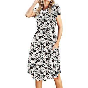 Simier Fariry Womens Summer Modest Work Casual Midi Knee Dress Pocket Short Sleeve Teacher Outfits Spring Travel Clothes (L)