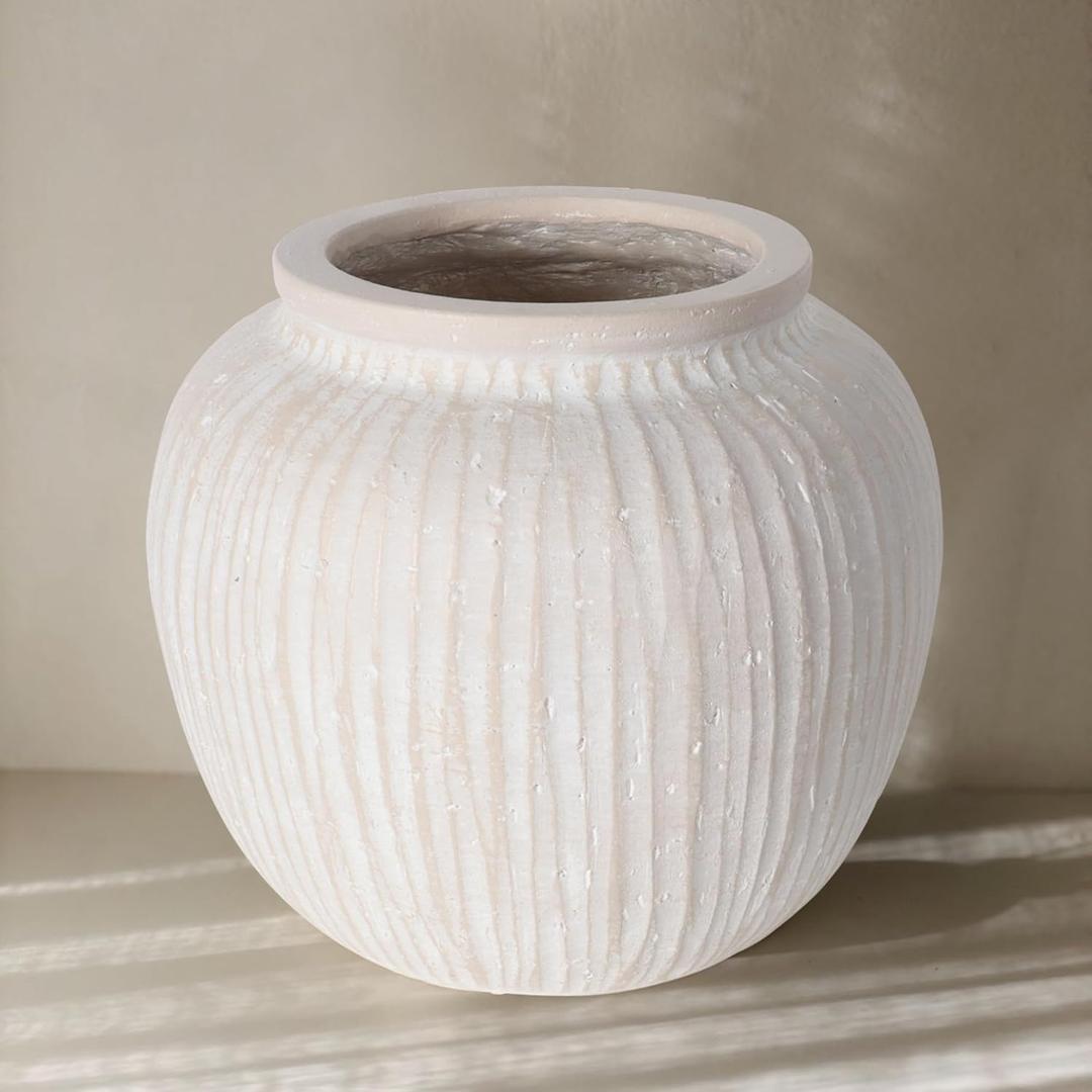 Large Rustic Minimalist Vase, 9.84" Distressed Round Floor Vase for Home Decor, Farmhouse Decorative Centerpieces for Living Room Bedroom, Vintage White