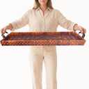 38" Extra Large Handwoven Decorative Tray with Handles | Handwoven Tray with a Sturdy Wood Base, Ideal for Dining Table Centerpieces, Console Tables and Stylish Home Decor