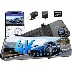 AZDOME PG17 12" 4K Mirror Dash Cam Front and Rear, Wi-Fi 6 Rear View Mirror Camera with 64GB Card, Voice Control Dash Camera for Car, Rearview Mirror Camera with GPS Night Vision Parking Assistance