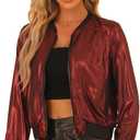 Allegra K Women's Halloween Jacket Sparkly Crew Neck Long Sleeve Holographic Lightweight 90S Shiny Metallic Bomber Jackets X-Large Red (L)