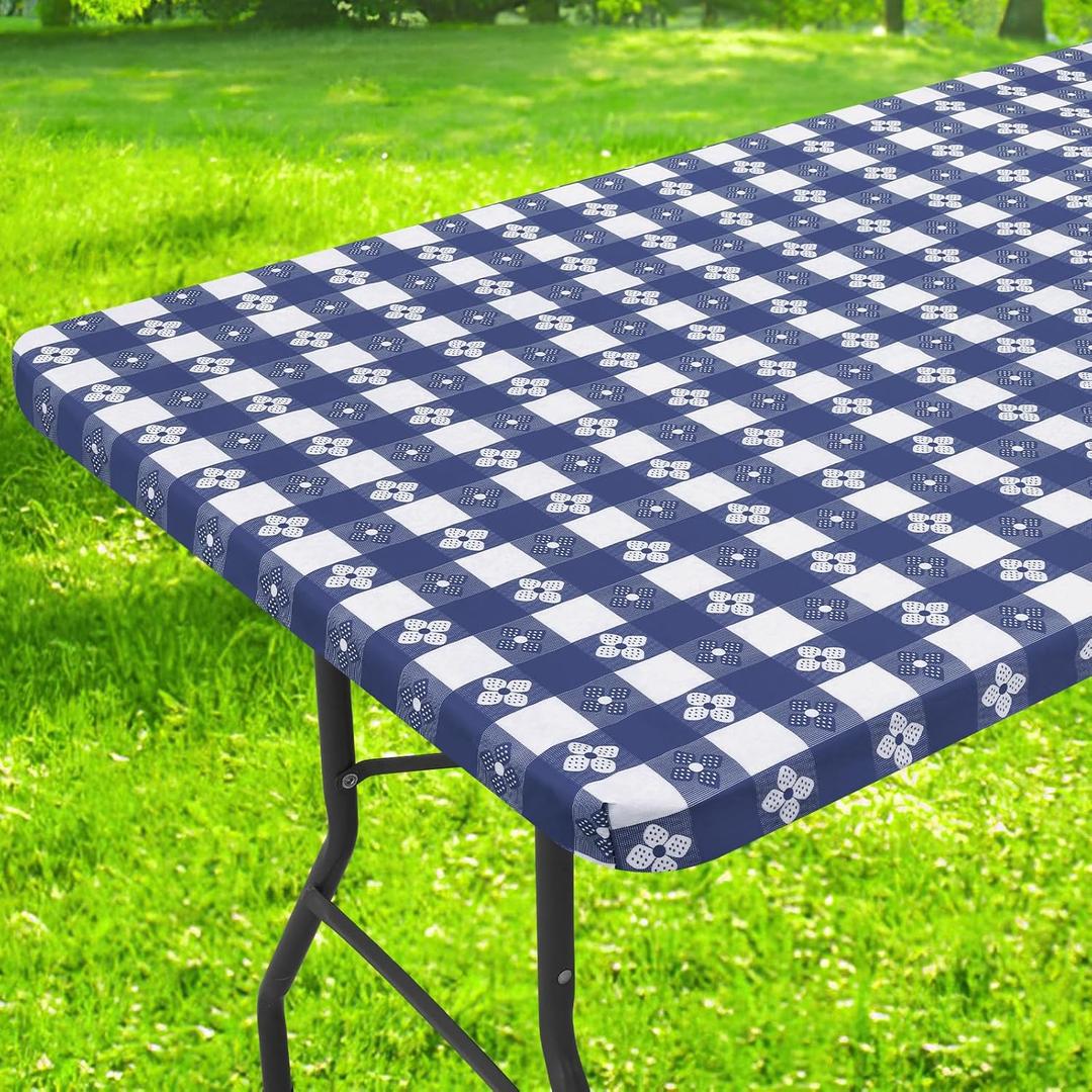 Rectangle Vinyl Table Cloth, Waterproof Elastic Fitted Tablecloth with Flannel Backing, Plastic Table Cover for Picnic, Camping, Outdoor (White & Navy, 30"x60")