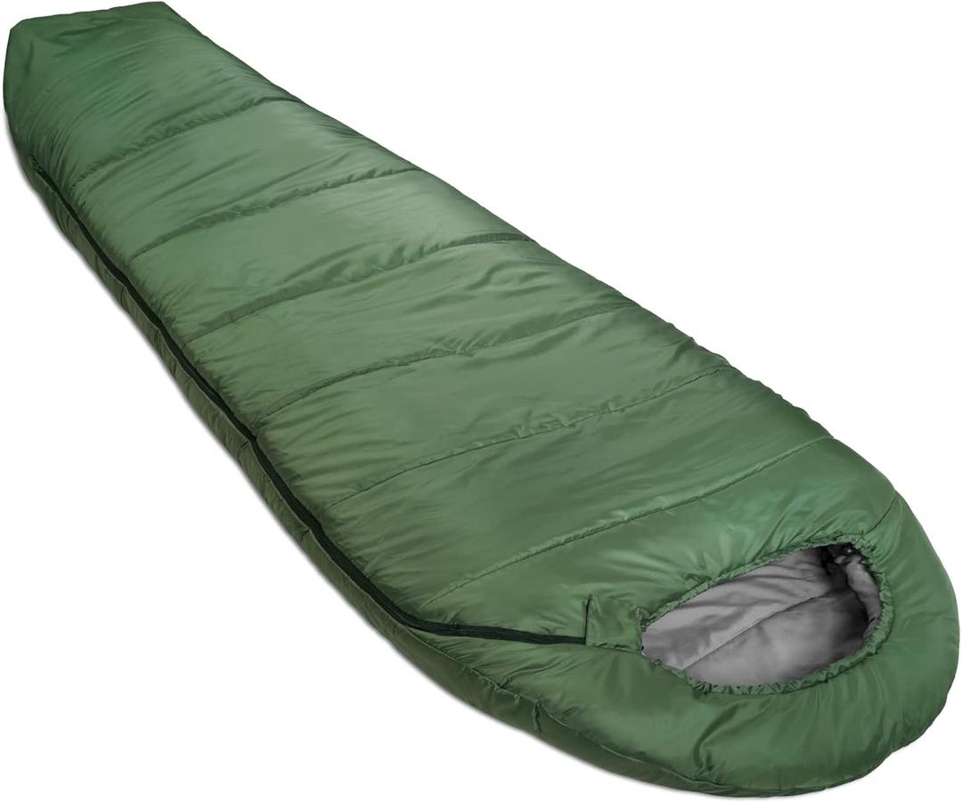 Amazon Basics 20F Cold Weather Mummy Sleeping Bag for Hiking, Outdoor Camping with No-Snag Zipper, Portable, 82" x 33", Olive Green