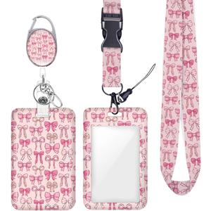 Pink Bow ID Badge Holder Badge Reel Lanyards for ID Badges Work Vertical Protector Retractable Carabiner Clips Heavy Duty Key Lanyard for Women Girls Teacher Singer Dancer Accountant Office Gifts