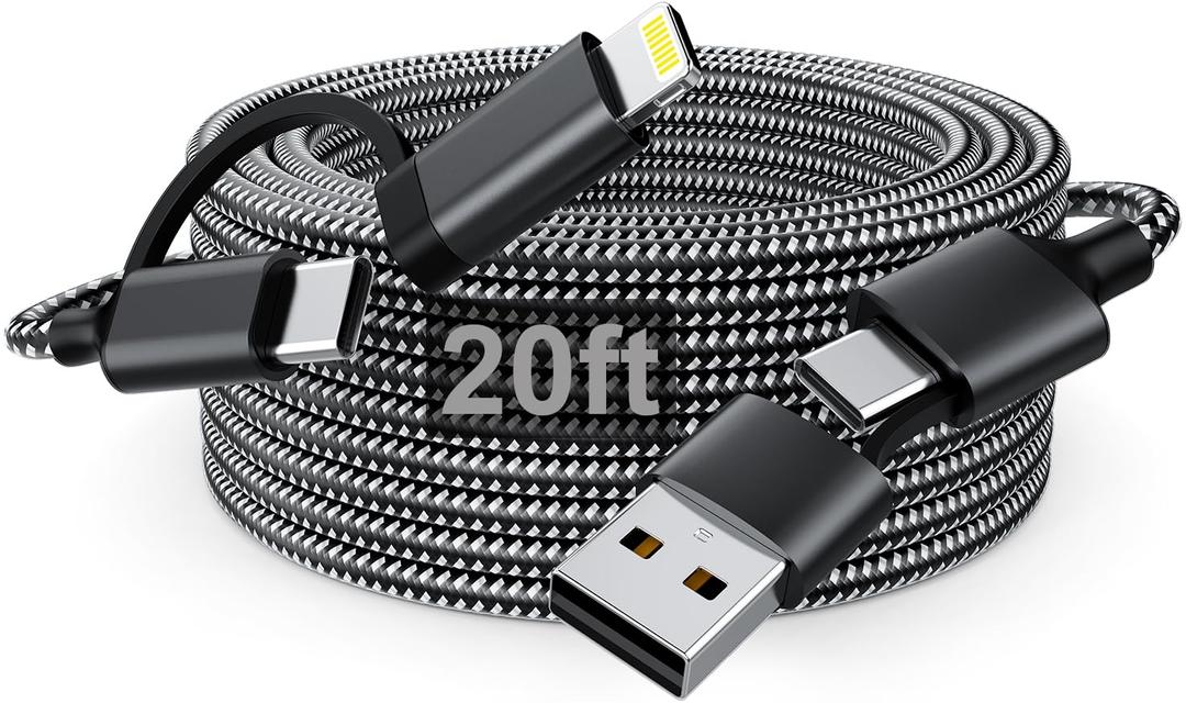 20 FT Extra Long iPhone Charger Cord, 60W USB-C and Lightning 2-in-1 Cable, 20 FT Braided USB-C Fast Charging Cable for iPhone 17/16/15/14 Pro/Pro Max, MacBook, iPad (Black, 20FT)