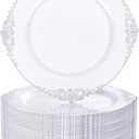 Nervure 100Pcs White and Silver Plastic Plates - 7.5 inch White Plastic Plates with Silver Rim - Disposable Dessert Plate for Wedding & Party