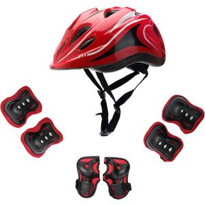 Kids Helmet Knee Elbow Pads Wrist Guard Sport Protective Gear Adjustable Scooter Skateboard Roller Bike Skate Cycling Safety Set for Boy Girl (Red4-12 years/18.5-22.4 IN))