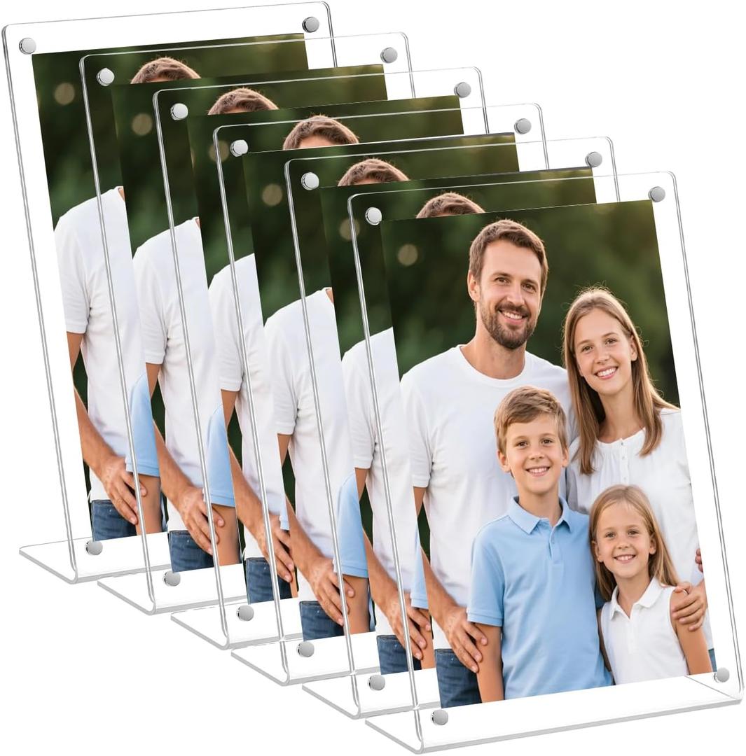 Acrylic Magnetic Picture Frames 5x7 inch, Set Of 6 Clear Slanted Back Frameless Transparent Photo Frame for Desktop Display, Standing Photo Display Holder for Home, Office