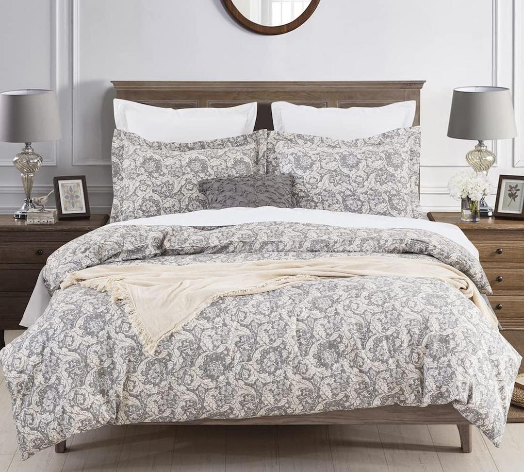 DAUAOTO King Size Duvet Cover Set - 104"X90" Cover + 2 Pillow Shams, Cotton Gray Paisley Pattern Bedding Sets