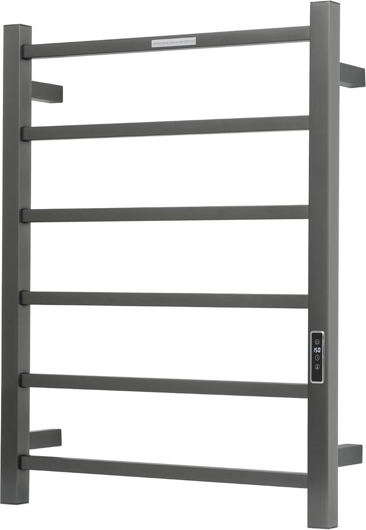 Electric Heated Towel Warmer - Wall Mounted Bathroom Towel Rack, Plug-in Design & Brushed Stainless Steel 6 Bar Gunmetal with Timer & Temperature Control