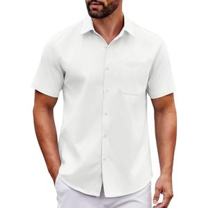 COOFANDY Mens Short Sleeve Button Down Shirts Casual Dress Shirt Untucked Shirts with Pocket (White, L)