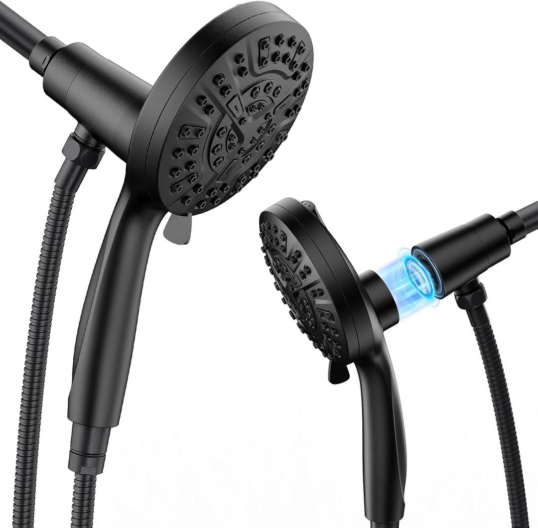 High Pressure 10 Ways Handheld Shower Head Matte Black- Anti-clog Nozzles, Built-in Power Wash to Clean Tub, Wall & Overhead Brackets,Magnetitc Rainfall Shower Wand,Built-in 2 Power Jet