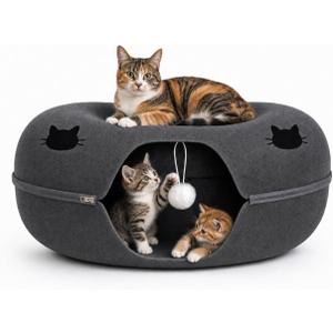 Cat Cave Tunnel Bed - Comfort Bedz Large Donut Cat House, Enclosed Felt Hideaway with Zipper, Top Perch, Interactive Toy, Washable for Indoor Cats up to 25lbs
