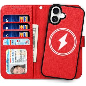 for iPhone 16 Wallet Case, Premium Detachable 2 in 1 Folio Flip Leather Wallet Case with 4 Card Holder, RFID Blocking, Microfiber Lining, Slim Lightweigh Durable, for Women/Girl (Ruby Red)