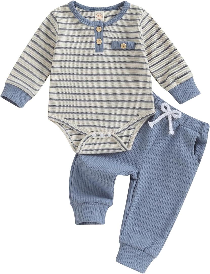 Newborn Baby Boy Clothes Infant Boy Girl Striped Long Sleeve Sweatshirt Romper Bodysuit Soft Fall Winter Outfit (0-3 Months, Blue)