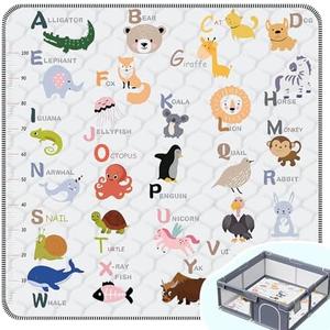 Baby Play Mat，Thick Soft 50" X 50" Playpen mat, Non-Slip and Machine Washable Baby Play Mats for Floor，Crawling Mat for Babies, Toddlers & Infants to Play and Learn (Animal Alphabet-A)