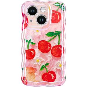 for iPhone 13 Case,Cute Summer Flower Cherry Phone Case,Kawaii Shockproof TPU Raised Edges Curly Wavy Laser Beam Glossy,Aesthetic Retro Fruit Girly Cases Women Girls(6.1",Cherry)