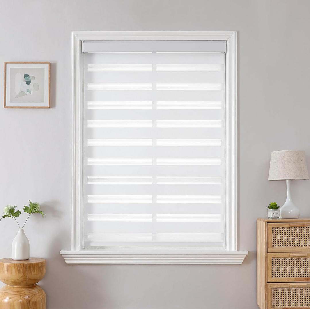 Joydeco Cordless Zebra Blinds for Windows, Dual Layer Light Control Window Blinds with Light-Proof Aluminum Cover, Free-Stop Roller Shades for Home & Office (White,31" W x 75" H)