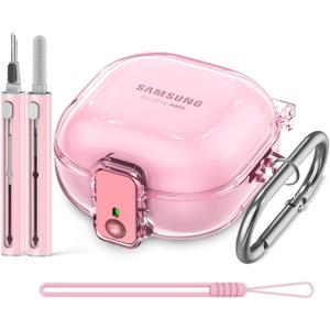 [with Safety Lock] Clear Case for Samsung Galaxy Buds FE(2023)/Buds 2 Pro(2022)/Buds 2(2021)/Buds Pro(2021)/Buds Live(2020),Accessories with Anti-Lost Keychain/Silicone Wrist Strap(Pink) (A4-Pink+Bi)
