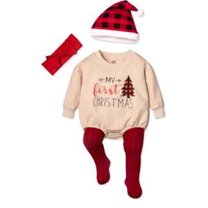 Cute Christmas Outfits Oversized Sweater Romper with Socks, Hats, and Headband (0-3 Months, My First Christmas Tree)