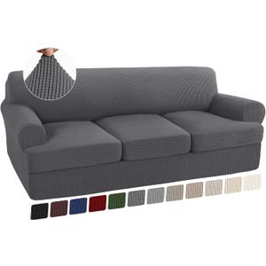 Turquoize 4 Piece T Cushion Sofa Slipcovers Stretch Couch Cover Furniture Covers with 3 Individual T Cushion Covers, Machine Washable (3 Cushion Sofa, Gray) (Grey)