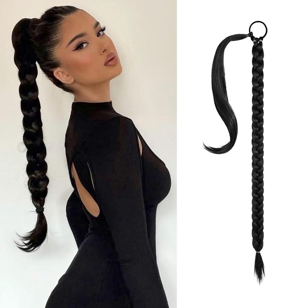 SEIKEA Long DIY Braided Ponytail Extension with Hair Tie Straight Wrap Around Hair Extensions Ponytail Natural Soft Synthetic Hair Piece Daily Wear Black 16 Inch (After Braided 12 Inch)