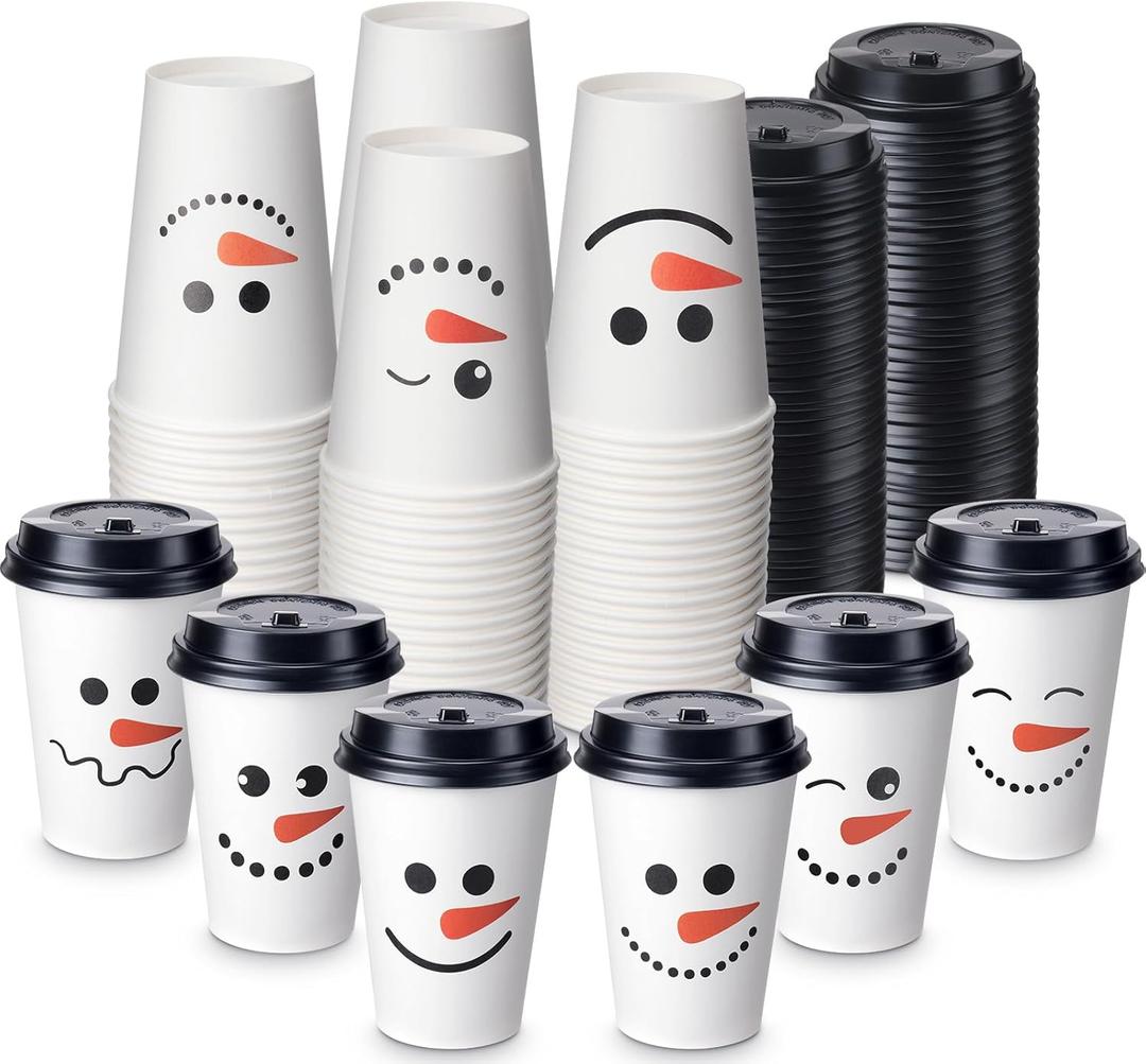 Sliner 120 Pcs Christmas Snowman Disposable Paper Coffee Tea Cups with Lids Winter Wonderland Xmas Cocoa Cups for Juice Hot Cold Beverage Drinks Seasonal Holiday Party Supplies(12 oz)