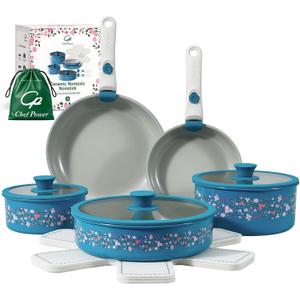 Ceramic Cookware Set Non Toxic with Detachable Handles, Healthy Nonstick Decal Pans and Pots Set 14 Pcs, Induction Dishwasher Oven Safe Kitchen Set, Turquoise with Bougainvillea
